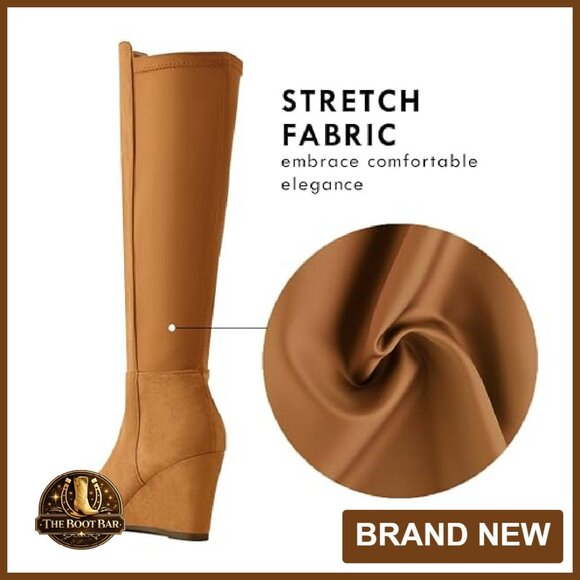 Knee High Wedge Boots Stretchy Suede Side Zipper Almond Toe - Picture 5 of 7